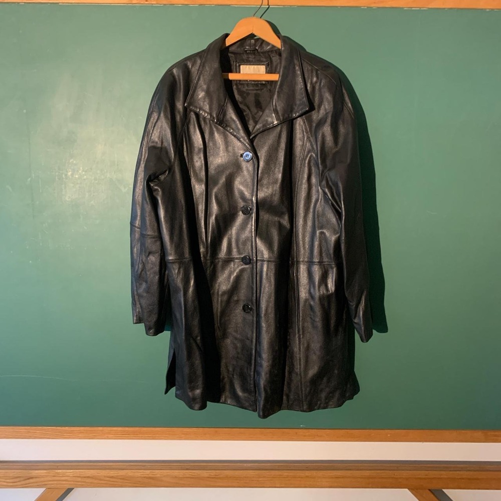 Worthington Black Genuine Lambskin Leather Button Up Trench Coat Women Large